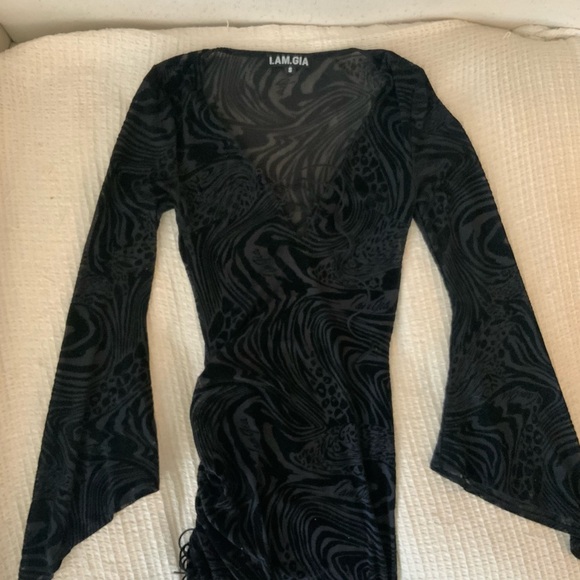 I.AM.GIA Amina Black Sheer Animal Print Lace Up Mini Dress Flare Sleeve Small - Picture 4 of 10